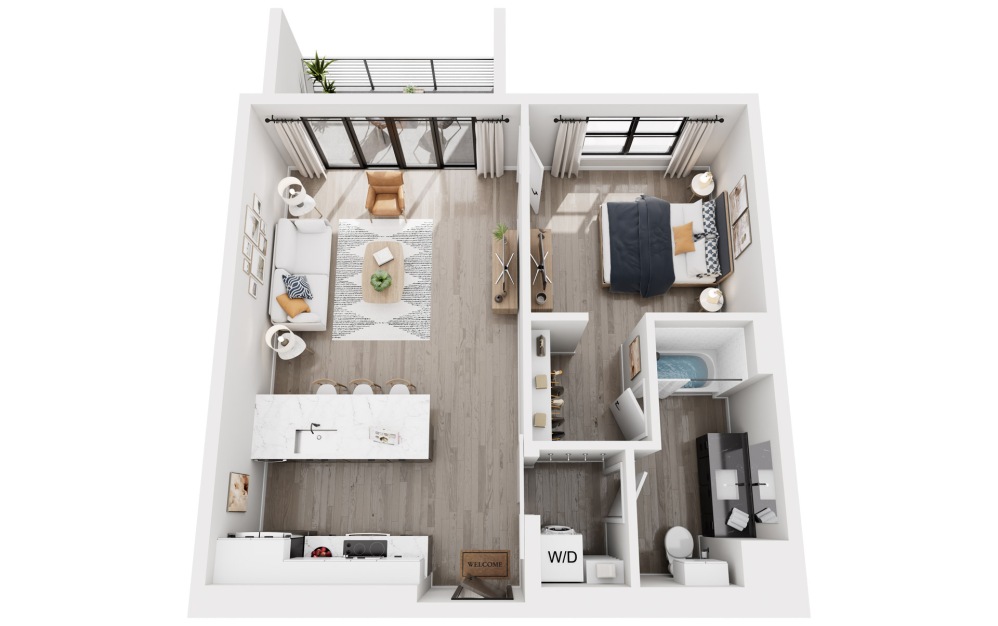 1 Bedroom - 1 bedroom floorplan layout with 1 bathroom and 680 - 746 square feet (680 sq. ft. , 3D)