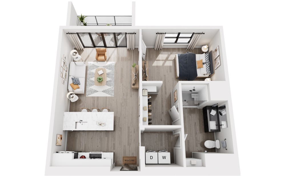 1 Bedroom - 1 bedroom floorplan layout with 1 bathroom and 680 - 746 square feet (742 sq. ft. (Accessible Unit), 3D)