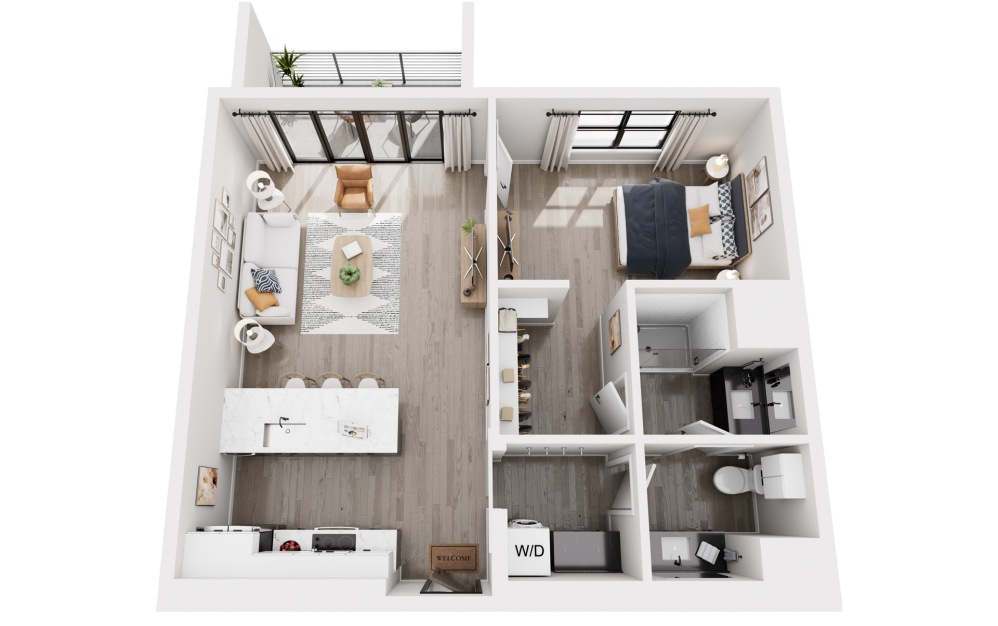 1 Bedroom - 1 bedroom floorplan layout with 1 bathroom and 680 - 746 square feet (746 sq. ft., 3D)