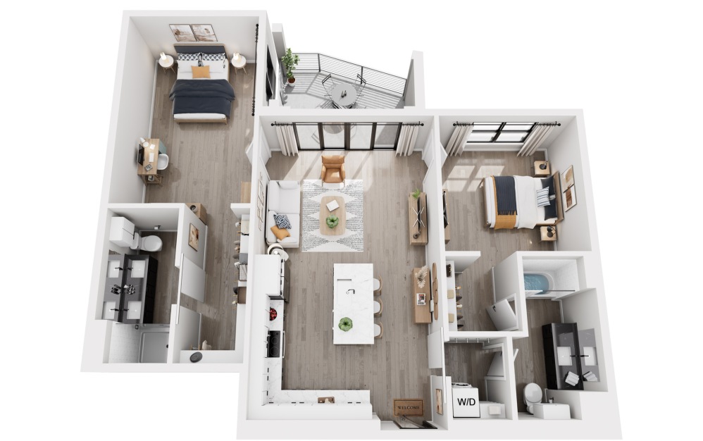 2 Bedrooms - 2 bedroom floorplan layout with 2 bathrooms and 991 - 1057 square feet (1,057 sq. ft. , 3D)