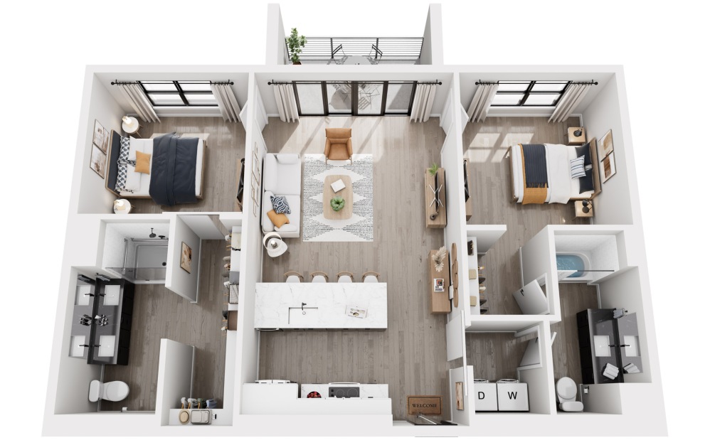 2 Bedrooms - 2 bedroom floorplan layout with 2 bathrooms and 991 - 1057 square feet (991 sq. ft. (Accessible Unit), 3D)
