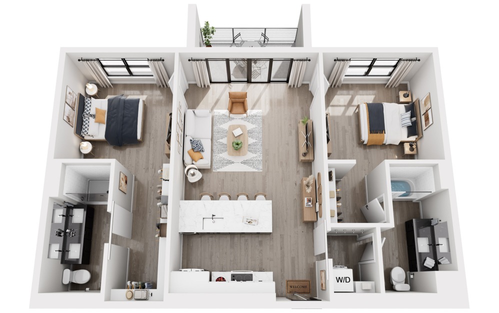 2 Bedrooms - 2 bedroom floorplan layout with 2 bathrooms and 991 - 1057 square feet (994 sq. ft., 3D)