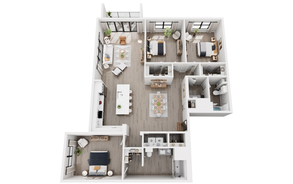 3 Bedrooms - 3 bedroom floorplan layout with 2 bathrooms and 1723 square feet (3D)