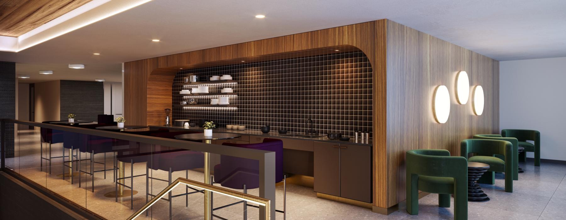 a room with a bar and chairs