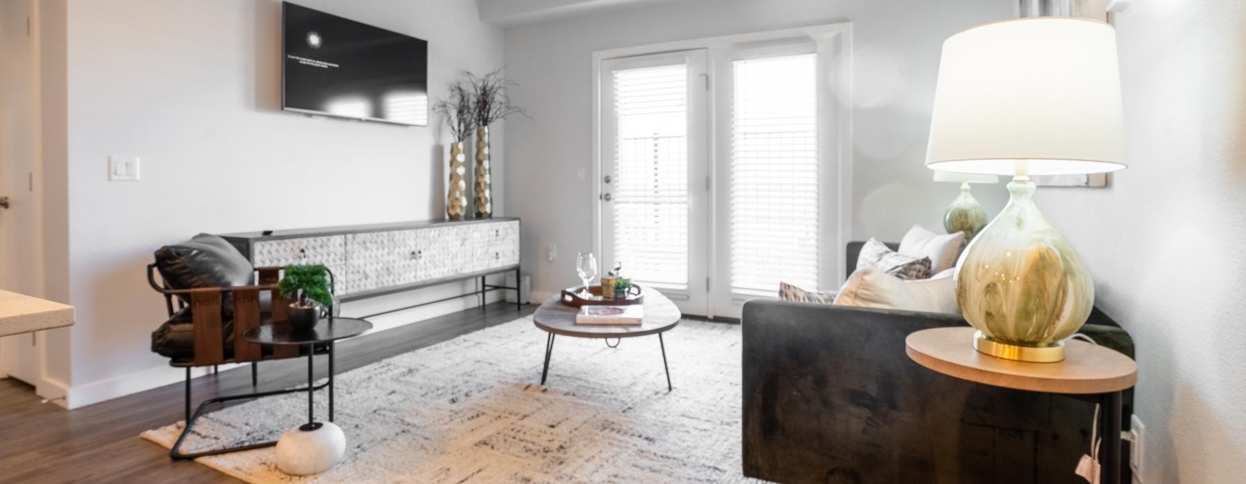 a living room with a wood floor